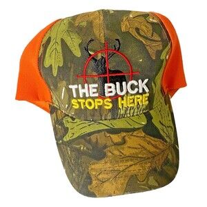 The Buck Stops Here Camouflage And Orange Adjustable Ball Cap Hunter Hat
